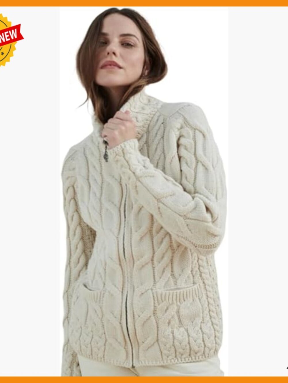 Merino Wool Zip Cardigan with Cables, Pockets, Standard Fit S-XXL